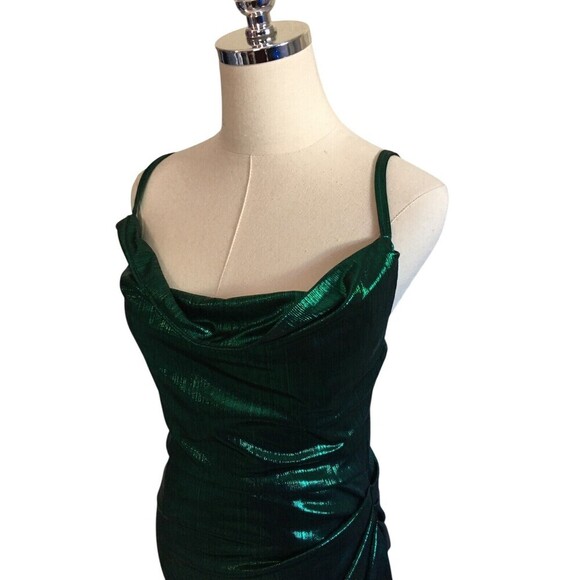 Micas Dress Women’s Size Large Green Metallic Ruched Spaghetti Strap Midi - Picture 3 of 7